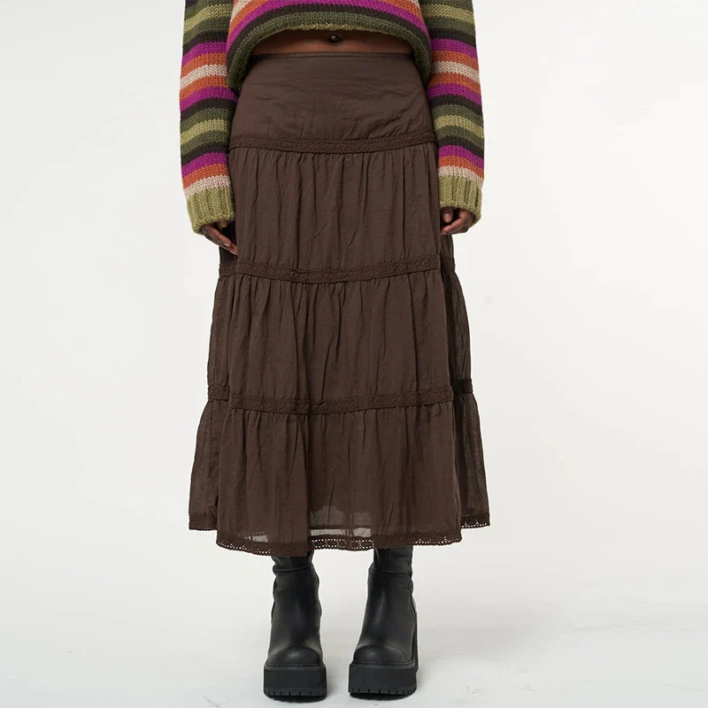 Lace-Infused Mocha Style Pleated Skirt - Image 3