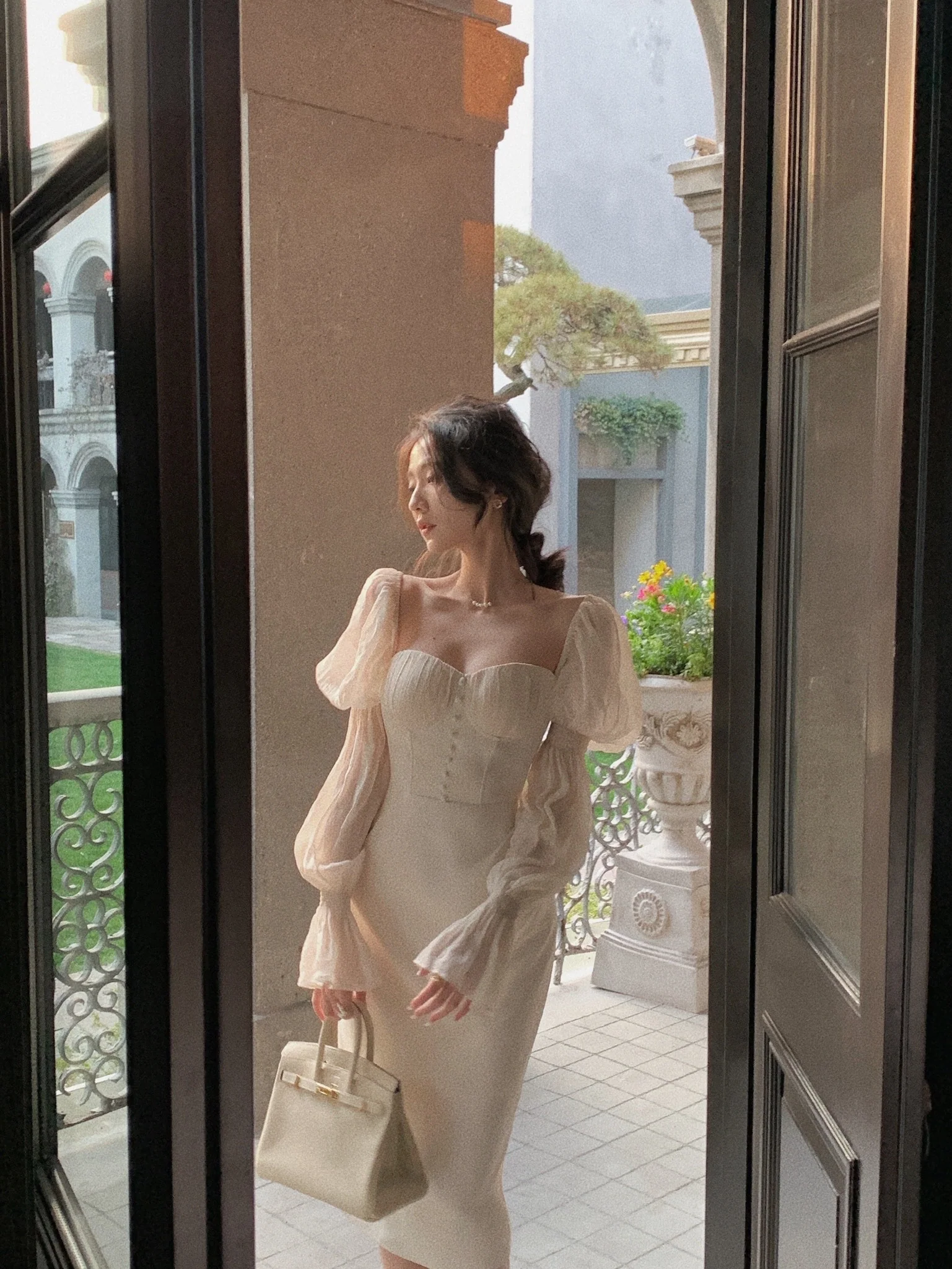 Pearl Elegance Puff Sleeves Midi Dress - Image 14