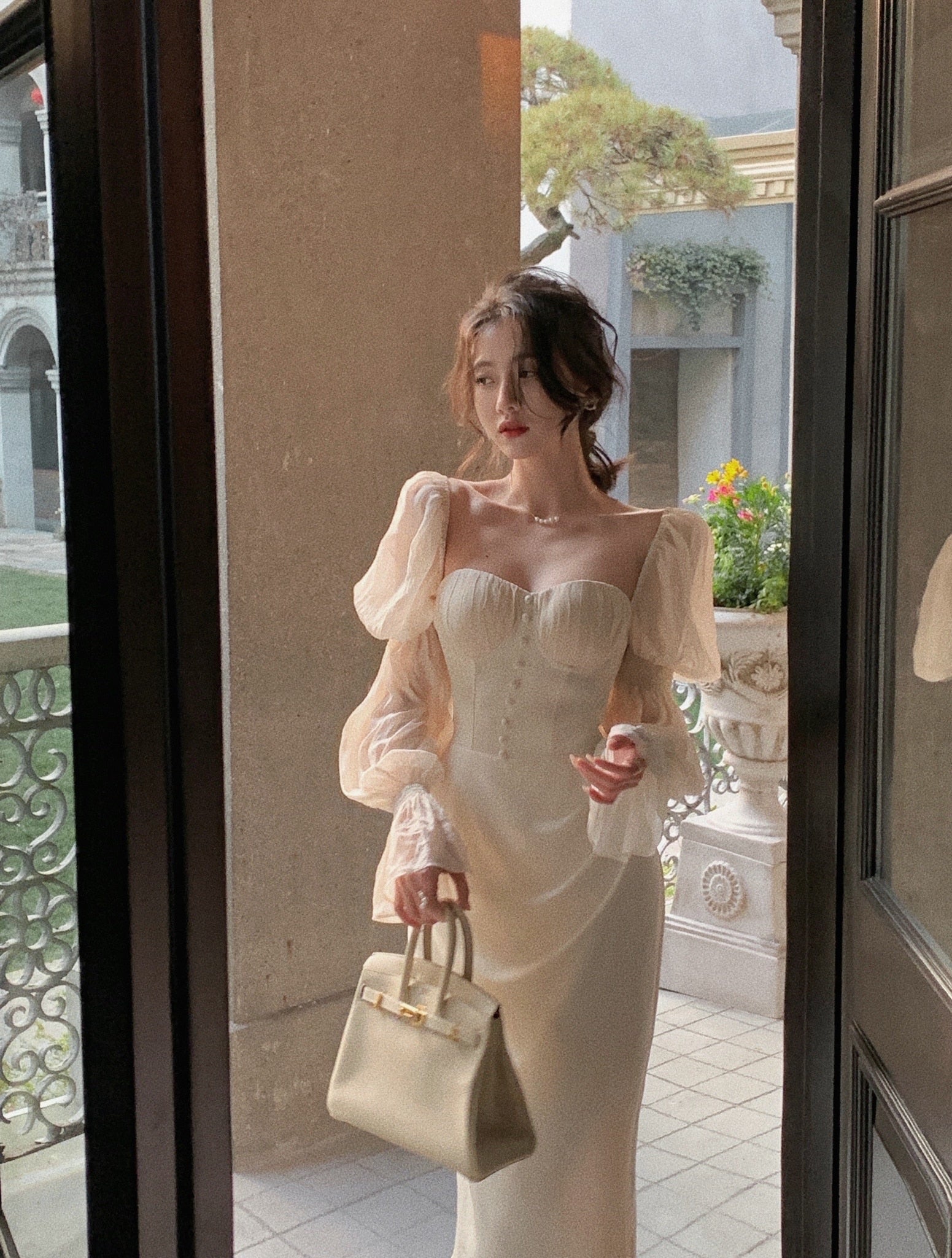Pearl Elegance Puff Sleeves Midi Dress - Image 15