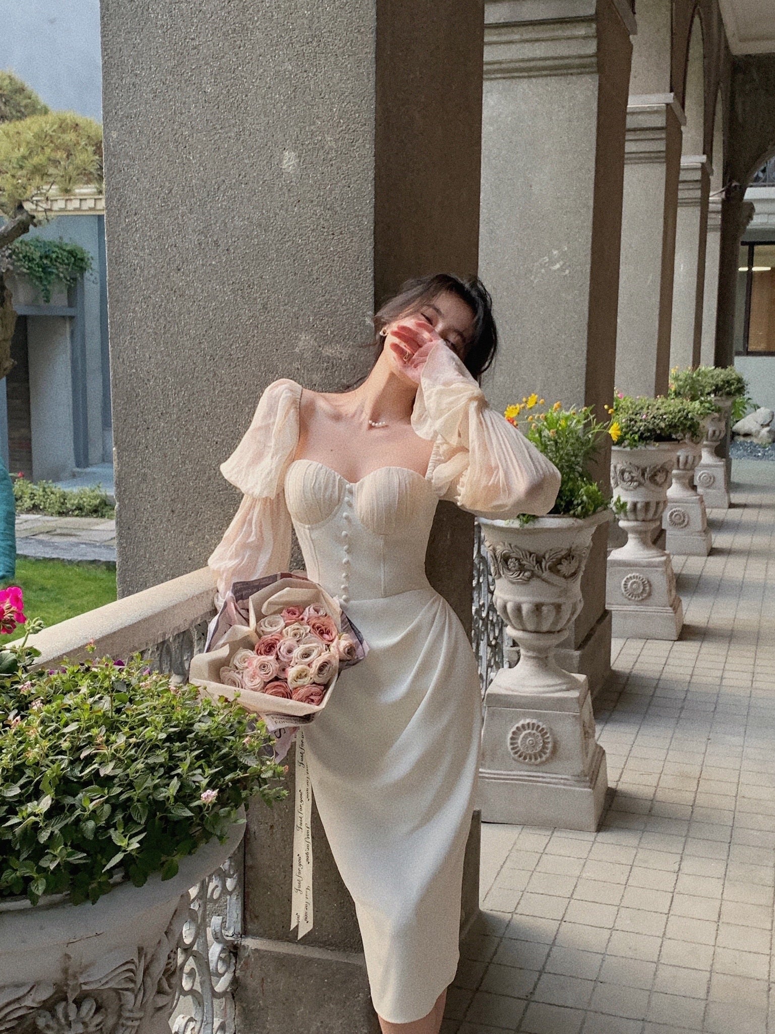Pearl Elegance Puff Sleeves Midi Dress - Image 16
