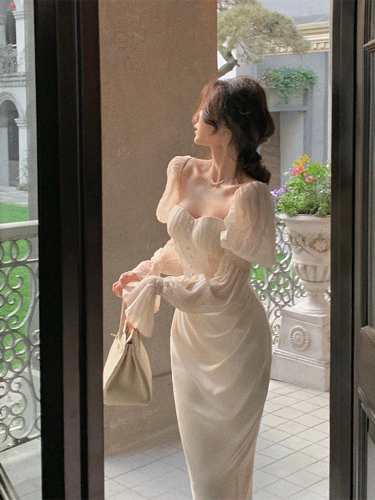 Pearl Elegance Puff Sleeves Midi Dress - Image 6