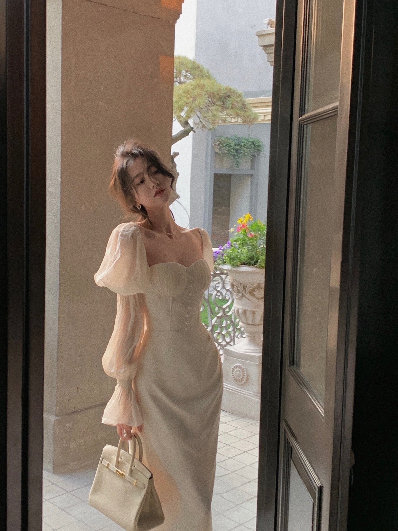 Pearl Elegance Puff Sleeves Midi Dress - Image 7