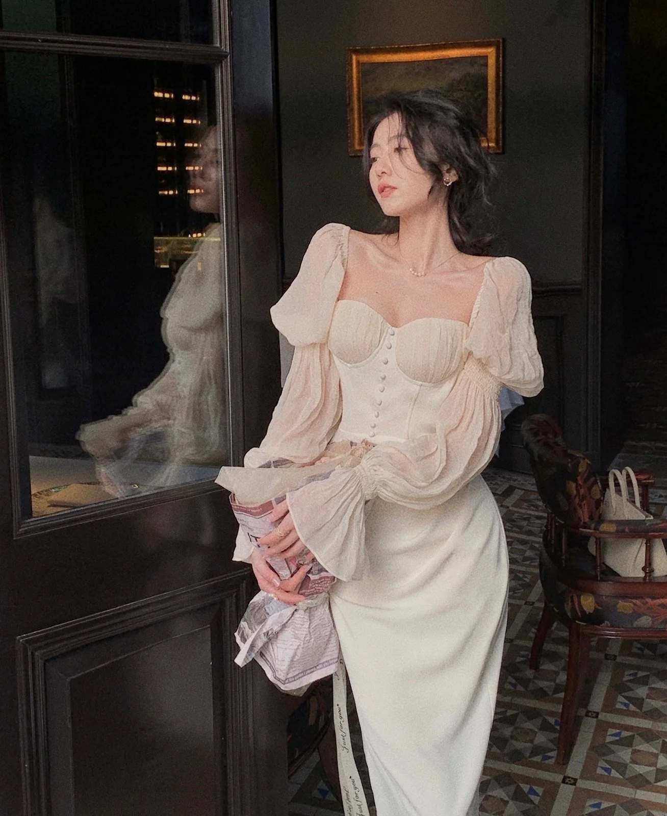 Pearl Elegance Puff Sleeves Midi Dress - Image 9