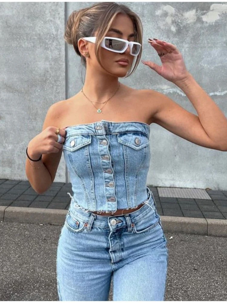 Tiago Strapless Denim Crop Top - Image 4