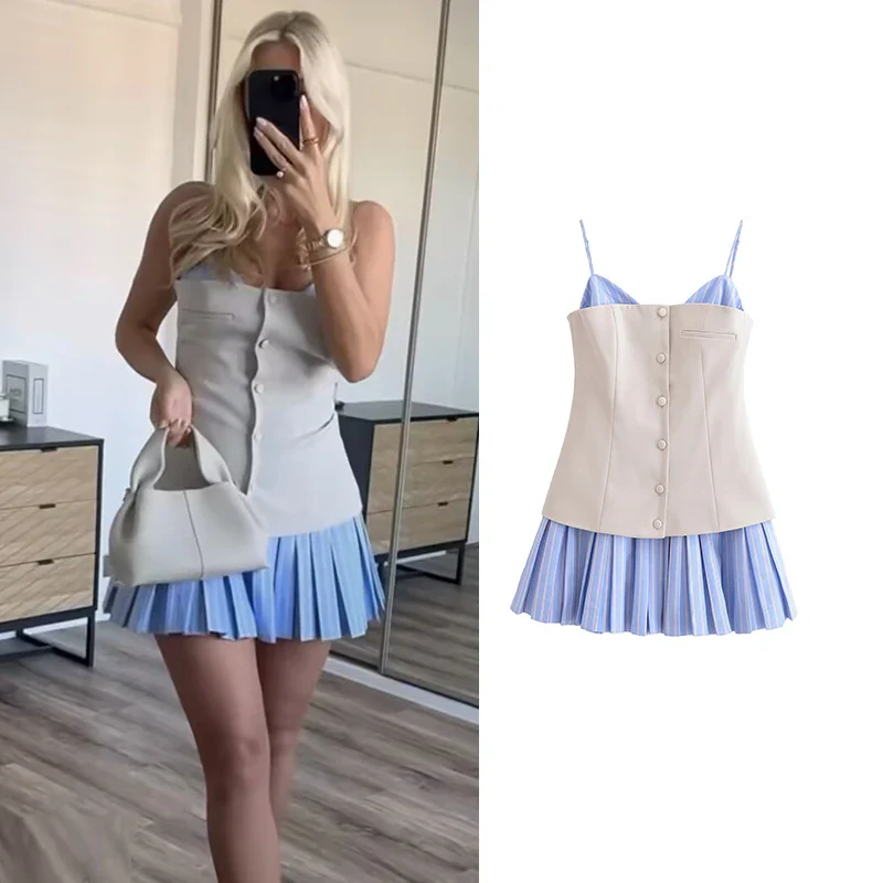 Trina Patchwork Pleated Mini Dress - Image 2