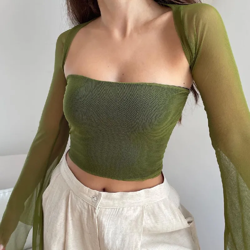 Whimsical Mesh Crop Top With Flares - Image 2