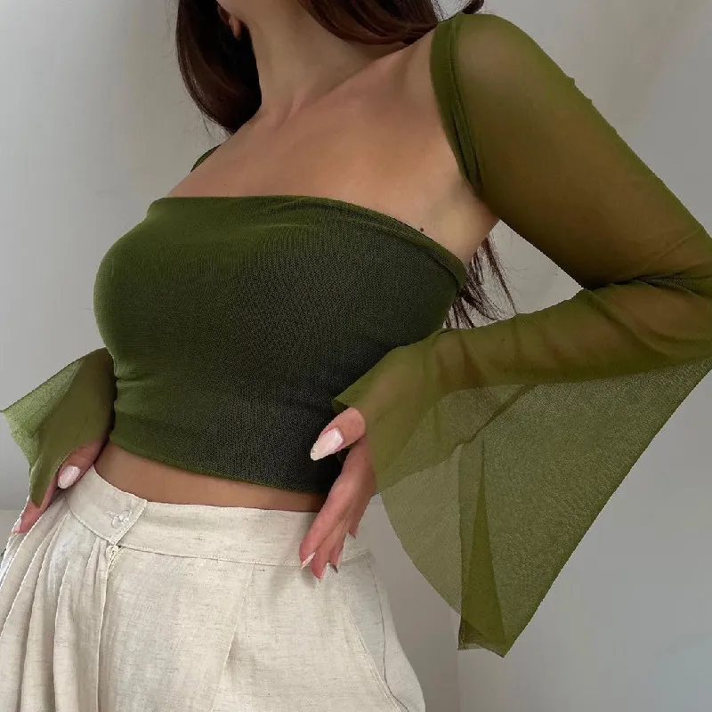 Whimsical Mesh Crop Top With Flares - Image 4